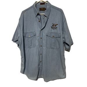 Vintage Browning Denim Button Up Shirt Mens XL Duck Logo Light Blue Hunting